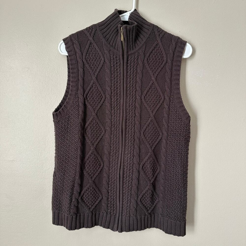 Chicos Cable Knit Sweater Vest SMALL Zip Front Preppy Career Academia Brown
